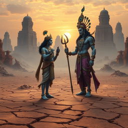 In an ancient, desert-like city where the ground is so dry it is cracking, Shri Krishna stands with divine poise, engaging in a profound conversation with God Indra