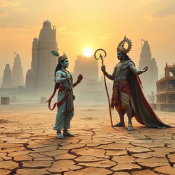 In an ancient, desert-like city where the ground is so dry it is cracking, Shri Krishna stands with divine poise, engaging in a profound conversation with God Indra