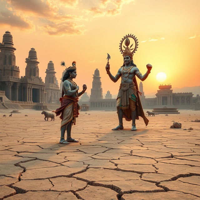 In an ancient, desert-like city where the ground is so dry it is cracking, Shri Krishna stands with divine poise, engaging in a profound conversation with God Indra