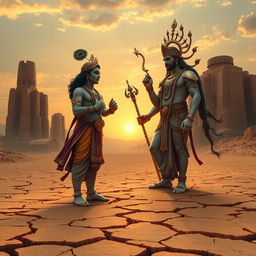 In an ancient, desert-like city where the ground is so dry it is cracking, Shri Krishna stands with divine poise, engaging in a profound conversation with God Indra