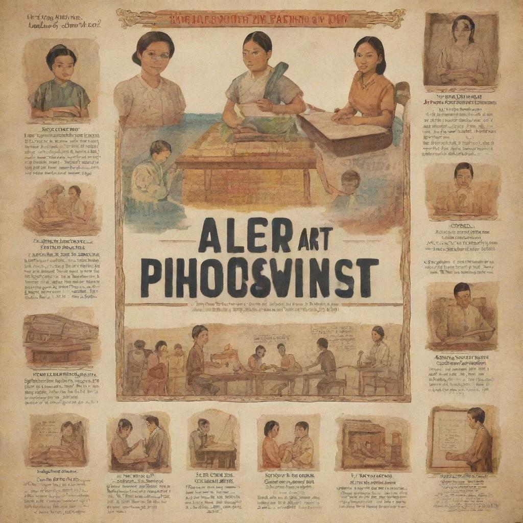 A vintage-inspired poster illustrating the history of art education in the Philippines, with elements representing traditional Filipino art forms and old classrooms.