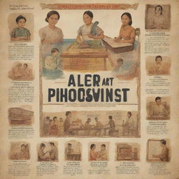 A vintage-inspired poster illustrating the history of art education in the Philippines, with elements representing traditional Filipino art forms and old classrooms.