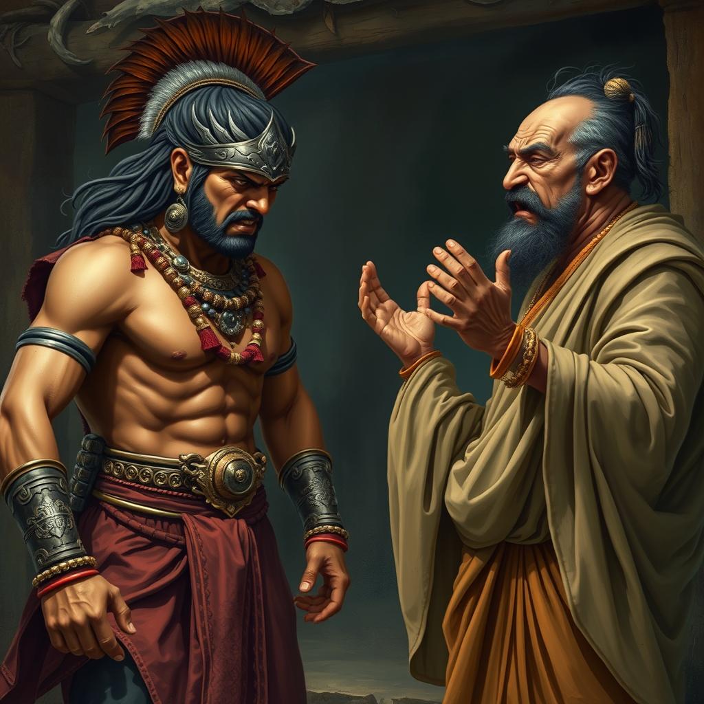 A tense and captivating scene showing Arjuna from the Mahabharata engaging in an intense discussion with a worried and angry Brahmin