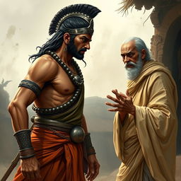 A tense and captivating scene showing Arjuna from the Mahabharata engaging in an intense discussion with a worried and angry Brahmin