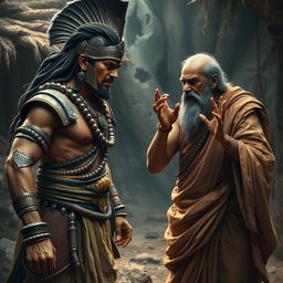 A tense and captivating scene showing Arjuna from the Mahabharata engaging in an intense discussion with a worried and angry Brahmin