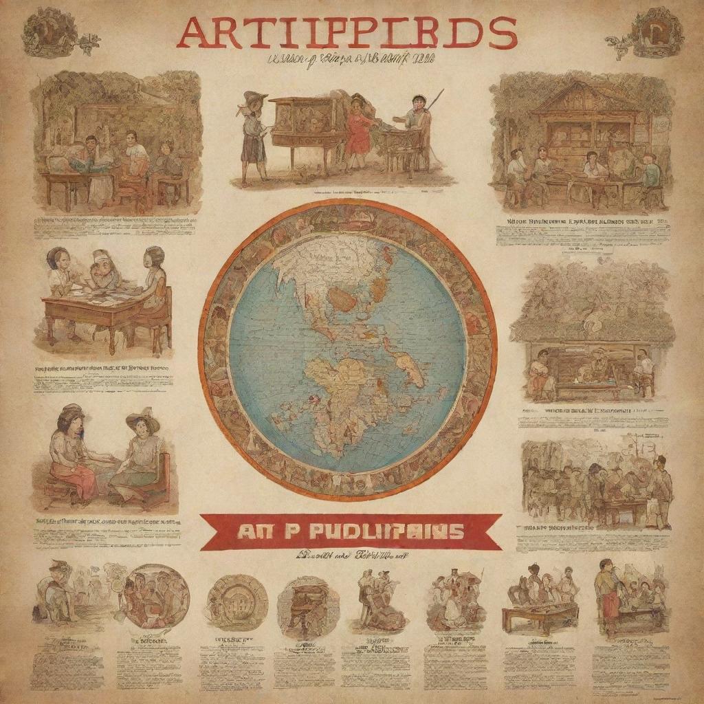 A vintage-inspired poster illustrating the history of art education in the Philippines, with elements representing traditional Filipino art forms and old classrooms.