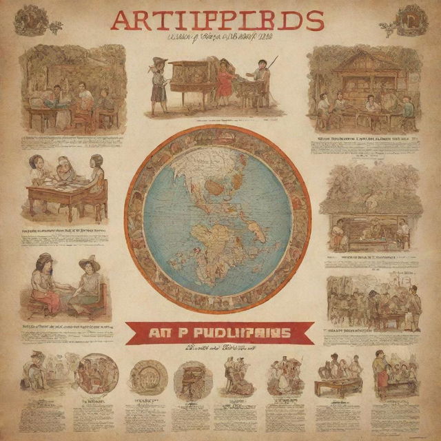 A vintage-inspired poster illustrating the history of art education in the Philippines, with elements representing traditional Filipino art forms and old classrooms.