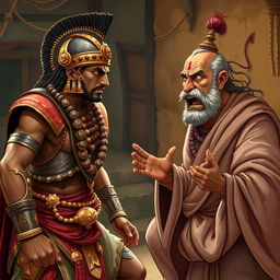 A dramatic scene from the Mahabharata featuring Arjuna in an intense conversation with a worried and angry Brahmin