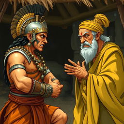 A dramatic scene from the Mahabharata featuring Arjuna in an intense conversation with a worried and angry Brahmin