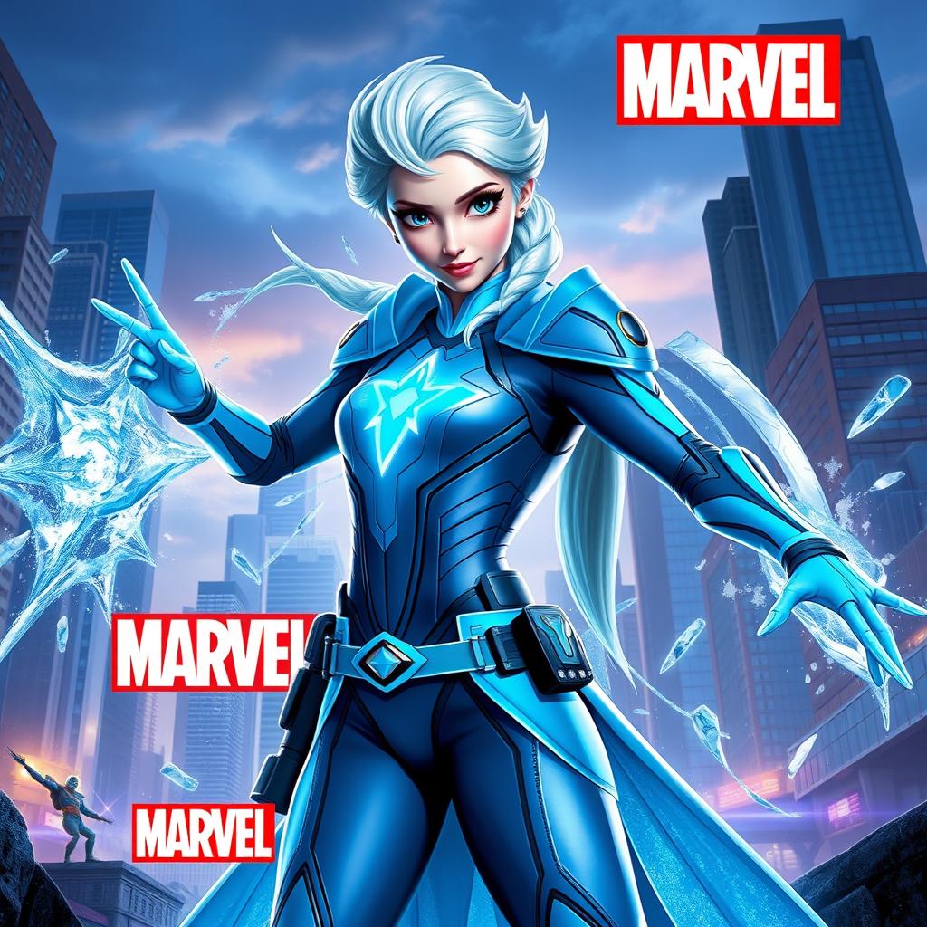 Elsa from Frozen reimagined as a superhero in the Marvel universe, wearing a sleek, high-tech superhero suit featuring her signature icy blue color with futuristic, armored details