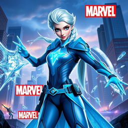 Elsa from Frozen reimagined as a superhero in the Marvel universe, wearing a sleek, high-tech superhero suit featuring her signature icy blue color with futuristic, armored details