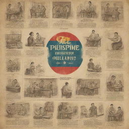 A vintage-inspired poster illustrating the history of art education in the Philippines, with elements representing traditional Filipino art forms and old classrooms.