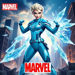 Elsa from Frozen reimagined as a superhero in the Marvel universe, wearing a sleek, high-tech superhero suit featuring her signature icy blue color with futuristic, armored details