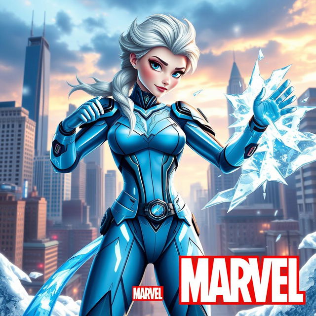 Elsa from Frozen reimagined as a superhero in the Marvel universe, wearing a sleek, high-tech superhero suit featuring her signature icy blue color with futuristic, armored details