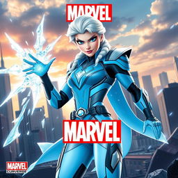 Elsa from Frozen reimagined as a superhero in the Marvel universe, wearing a sleek, high-tech superhero suit featuring her signature icy blue color with futuristic, armored details