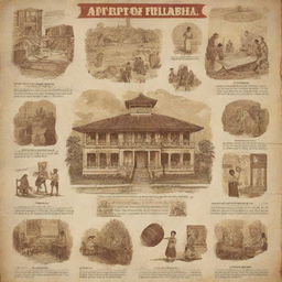 A vintage-inspired poster illustrating the history of art education in the Philippines, with elements representing traditional Filipino art forms and old classrooms.