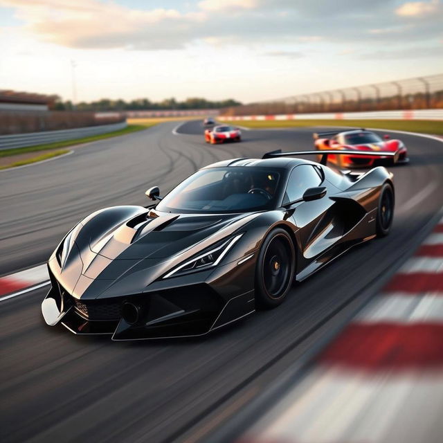 A breathtaking fusion of a Corvette C8 and McLaren Senna GTR drifting dynamically on a racetrack, with visible small tire stacks strategically placed along the track