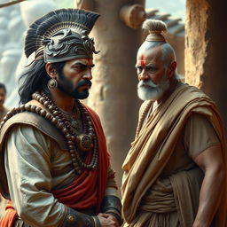 A realistic portrayal of a scene from the Mahabharata, where Arjuna, displaying anger, is engaged in a heated conversation with a worried and angry Brahmin