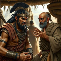 A realistic portrayal of a scene from the Mahabharata, where Arjuna, displaying anger, is engaged in a heated conversation with a worried and angry Brahmin