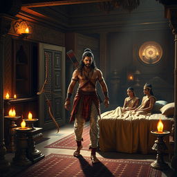 In an ancient room adorned with ornate carvings and dimly lit by oil lamps, Arjuna from the Mahabharata, a heroic figure with a focused expression and wearing traditional warrior attire, steps confidently inside