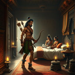 In an ancient room adorned with ornate carvings and dimly lit by oil lamps, Arjuna from the Mahabharata, a heroic figure with a focused expression and wearing traditional warrior attire, steps confidently inside