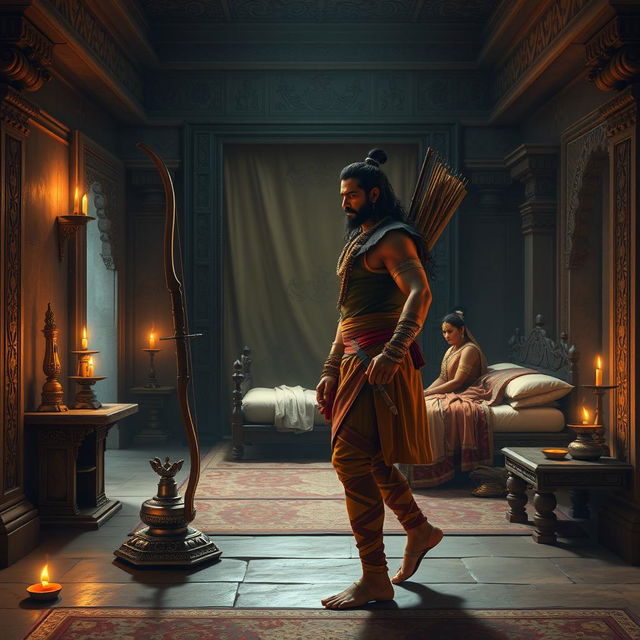 In an ancient room adorned with ornate carvings and dimly lit by oil lamps, Arjuna from the Mahabharata, a heroic figure with a focused expression and wearing traditional warrior attire, steps confidently inside