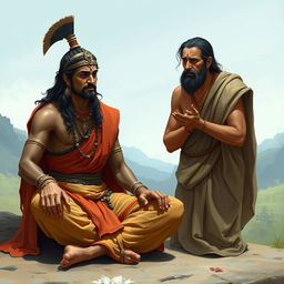 A realistic portrayal of a scene from the Mahabharata, showcasing Arjuna in a calm state while talking with a worried Brahmin