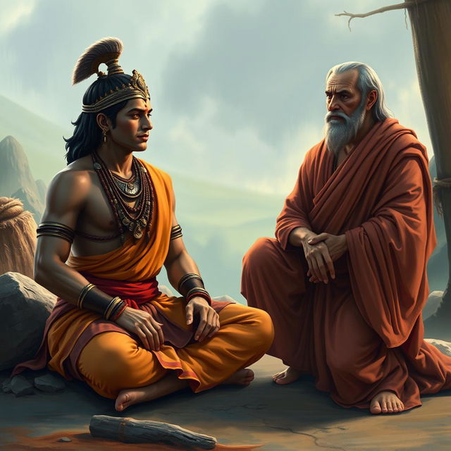 A realistic portrayal of a scene from the Mahabharata, showcasing Arjuna in a calm state while talking with a worried Brahmin