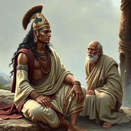 A realistic portrayal of a scene from the Mahabharata, showcasing Arjuna in a calm state while talking with a worried Brahmin