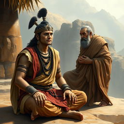 A realistic portrayal of a scene from the Mahabharata, showcasing Arjuna in a calm state while talking with a worried Brahmin