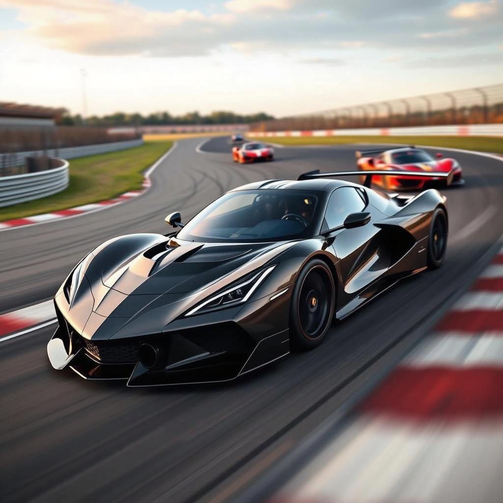 A sleek, futuristic car that merges the design elements of a Corvette C8 and McLaren Senna GTR, drifting expertly on a racetrack