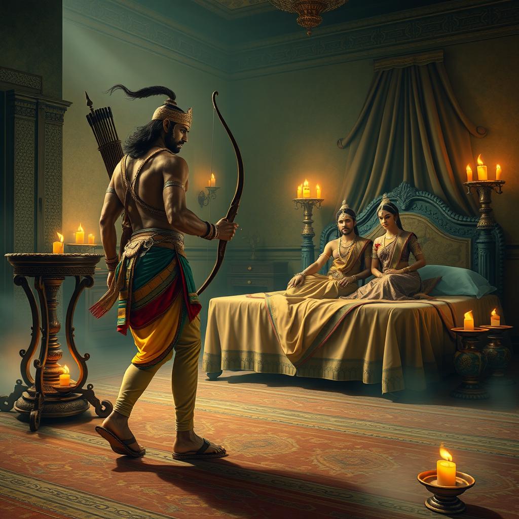 A scene from the Mahabharata unfolds in an ancient, ornately decorated room bathed in the soft glow of oil lamps