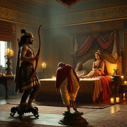 A scene from the Mahabharata unfolds in an ancient, ornately decorated room bathed in the soft glow of oil lamps