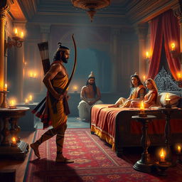 A scene from the Mahabharata unfolds in an ancient, ornately decorated room bathed in the soft glow of oil lamps