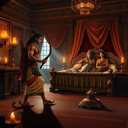 A scene from the Mahabharata unfolds in an ancient, ornately decorated room bathed in the soft glow of oil lamps