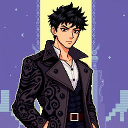 Pixel art of a young man with black hair wearing a stylish coat, standing confidently against a retro video game background