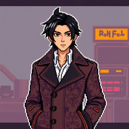 Pixel art of a young man with black hair wearing a stylish coat, standing confidently against a retro video game background