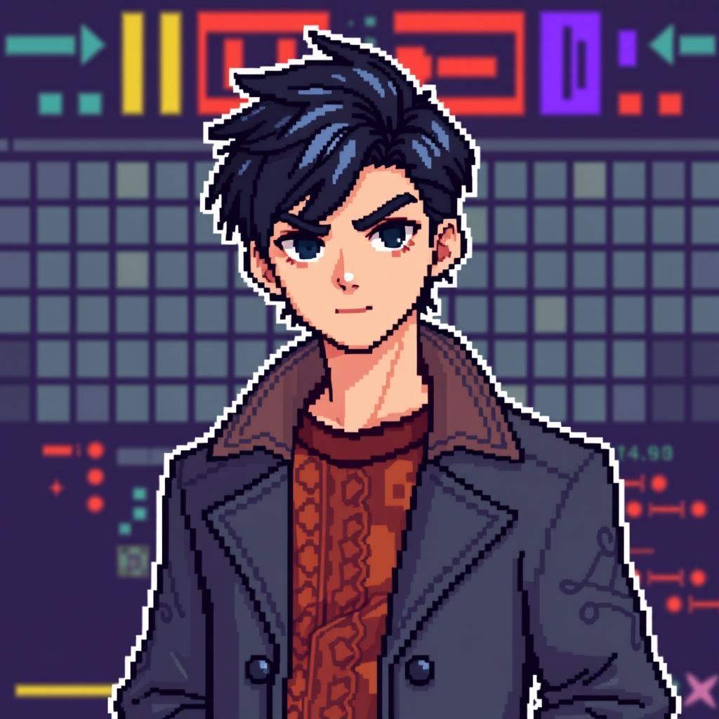 Pixel art of a young man with black hair wearing a stylish coat, standing confidently against a retro video game background