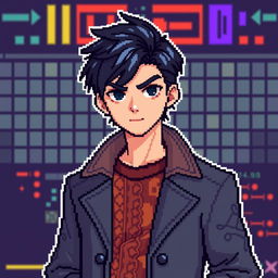 Pixel art of a young man with black hair wearing a stylish coat, standing confidently against a retro video game background