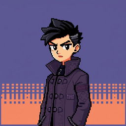 Pixel art of a young man with black hair wearing a stylish coat, standing confidently against a retro video game background