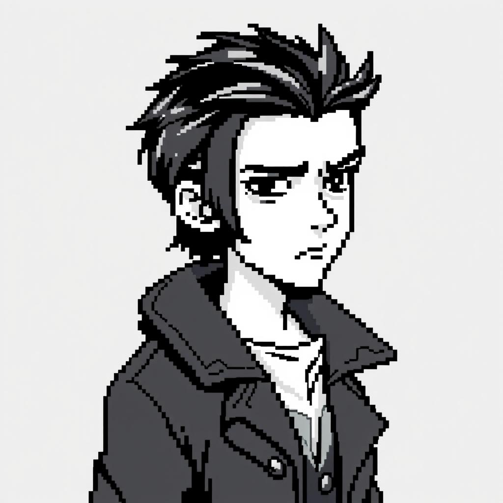 A black and white pixel art style image of a young man with black hair, wearing a stylish coat