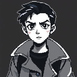 A black and white pixel art style image of a young man with black hair, wearing a stylish coat