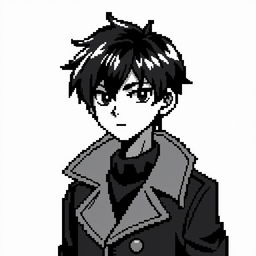 A black and white pixel art style image of a young man with black hair, wearing a stylish coat