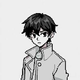 A black and white pixel art style image of a young man with black hair, wearing a stylish coat