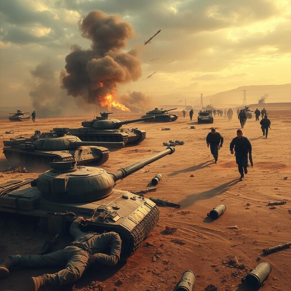 A dramatic war scene depicting a deserted land scarred by conflict