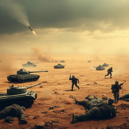 A dramatic war scene depicting a deserted land scarred by conflict