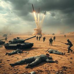 A dramatic war scene depicting a deserted land scarred by conflict