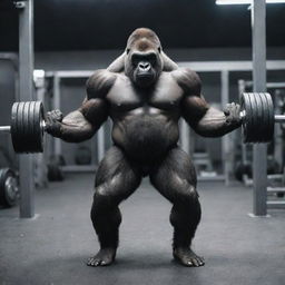 A muscular, sci-fi themed gorilla lifting weights in a futuristic gym setting.