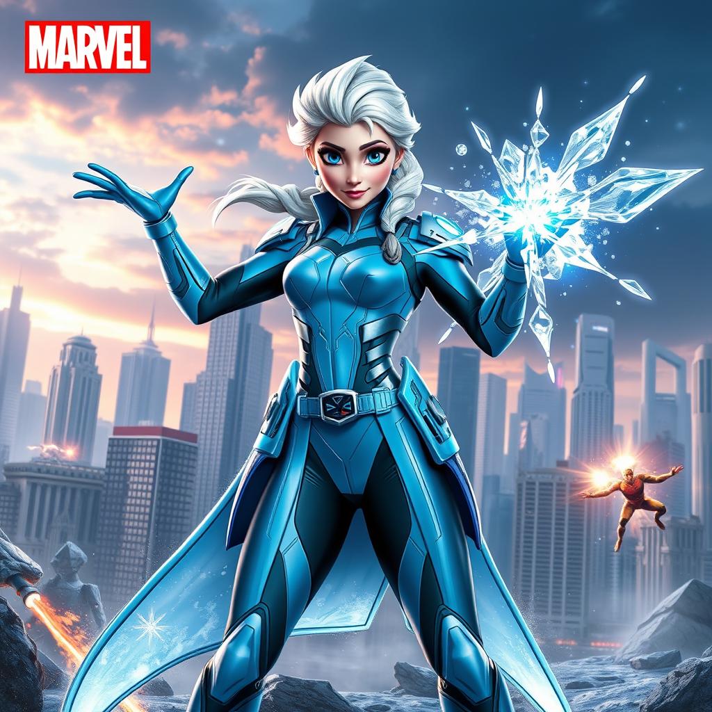 Elsa from Frozen reimagined as a Marvel superhero, wearing a sleek, high-tech superhero suit in her signature icy blue color with futuristic, armored details