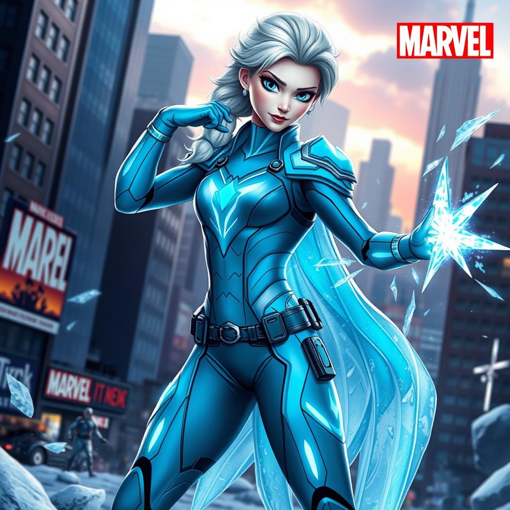 Elsa from Frozen reimagined as a Marvel superhero, wearing a sleek, high-tech superhero suit in her signature icy blue color with futuristic, armored details